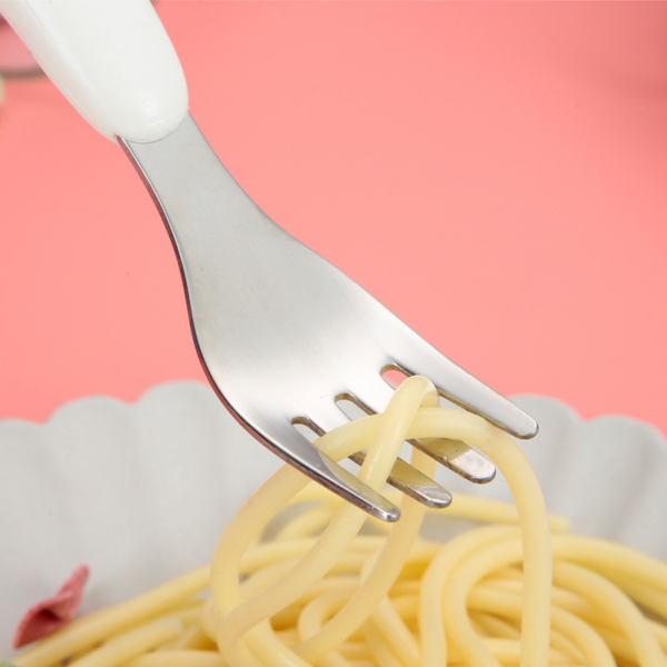 Set de tacamuri pentru copii, lingurita si furculita, alb/roz