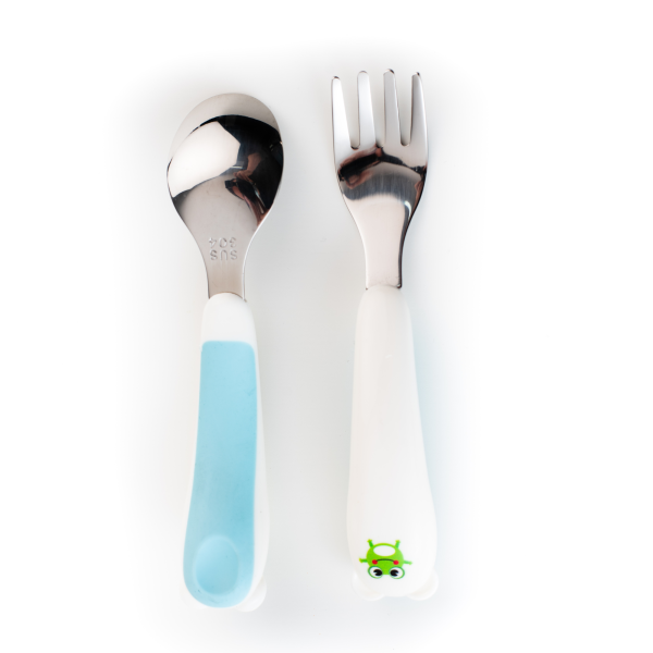 Set de tacamuri pentru copii, lingurita si furculita, alb/albastru