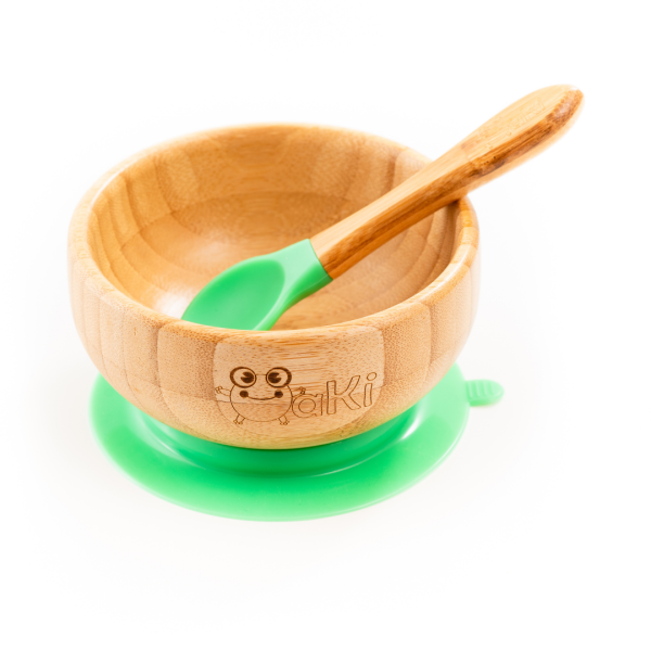 Set diversificare pentru copii - Castron si lingurita din bambus Oaki, verde