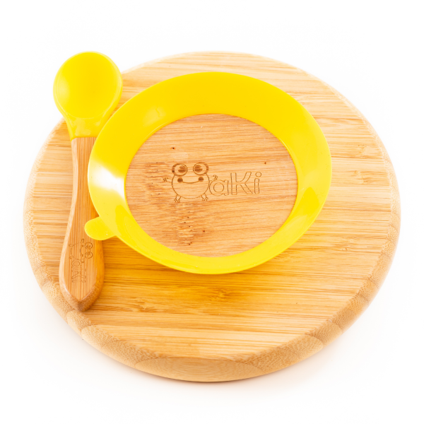Set diversificare pentru copii - Castron, farfurie si doua lingurite din bambus Oaki, galben