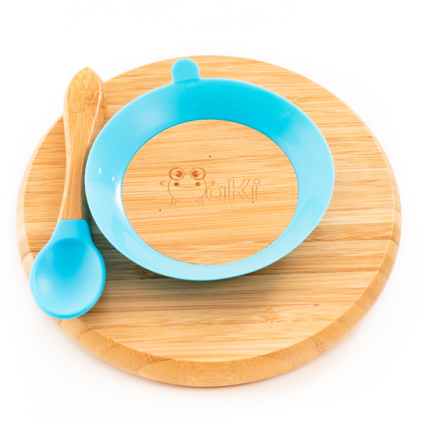 Set diversificare copii - Farfurie si lingurita din bambus Oaki, albastru