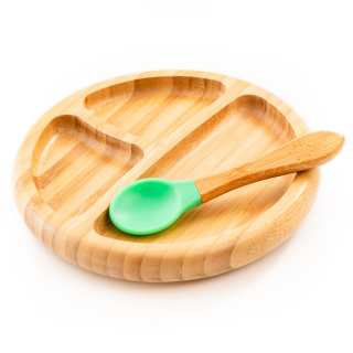 Set diversificare copii - Farfurie si lingurita din bambus Oaki, verde