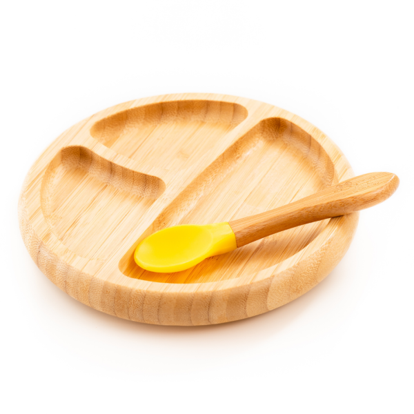 Set diversificare pentru copii - Castron, farfurie si doua lingurite din bambus Oaki, galben