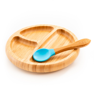 Set diversificare copii - Farfurie si lingurita din bambus Oaki, albastru