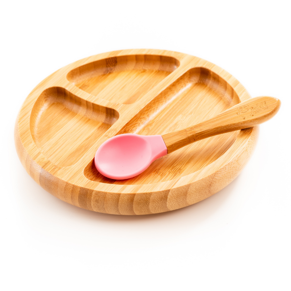 Set diversificare pentru copii - Castron, farfurie si doua lingurite din bambus Oaki, roz