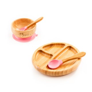 Set diversificare pentru copii - Castron, farfurie si doua lingurite din bambus Oaki, roz