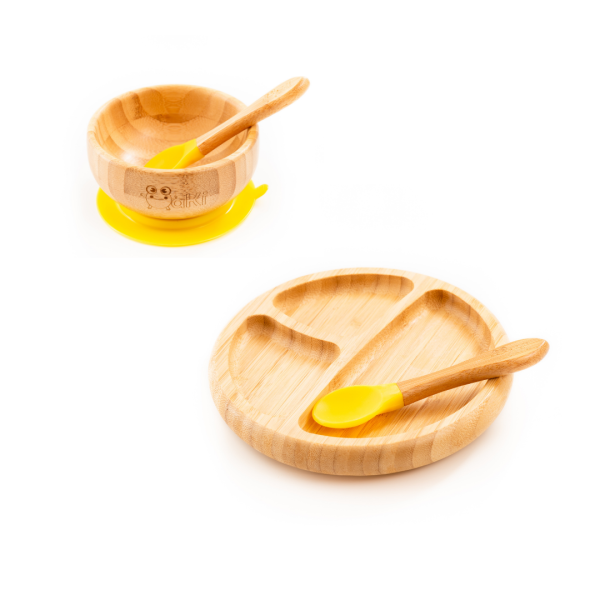 Set diversificare pentru copii - Castron, farfurie si doua lingurite din bambus Oaki, galben