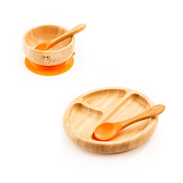 Set diversificare pentru copii – Castron, farfurie si doua lingurite din bambus Oaki, portocaliu si Ulei pentru intretinerea produselor din lemn din bucatarie 100ml