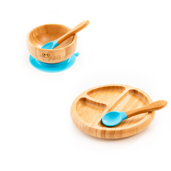 Set diversificare pentru copii – Castron, farfurie si doua lingurite din bambus Oaki, albastru si Ulei pentru intretinerea produselor din lemn din bucatarie 100ml