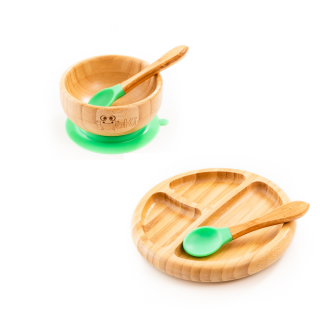 Set diversificare pentru copii - Castron, farfurie si doua lingurite din bambus Oaki, verde