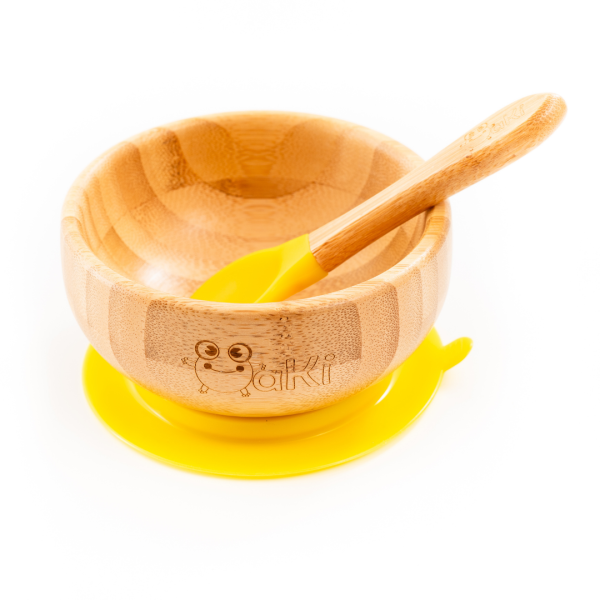 Set diversificare pentru copii - Castron si lingurita din bambus Oaki, galben