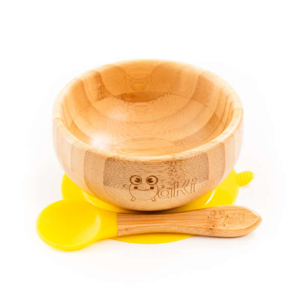 Set diversificare pentru copii - Castron si lingurita din bambus Oaki, galben