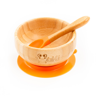 Set diversificare pentru copii - Castron si lingurita din bambus Oaki, portocaliu