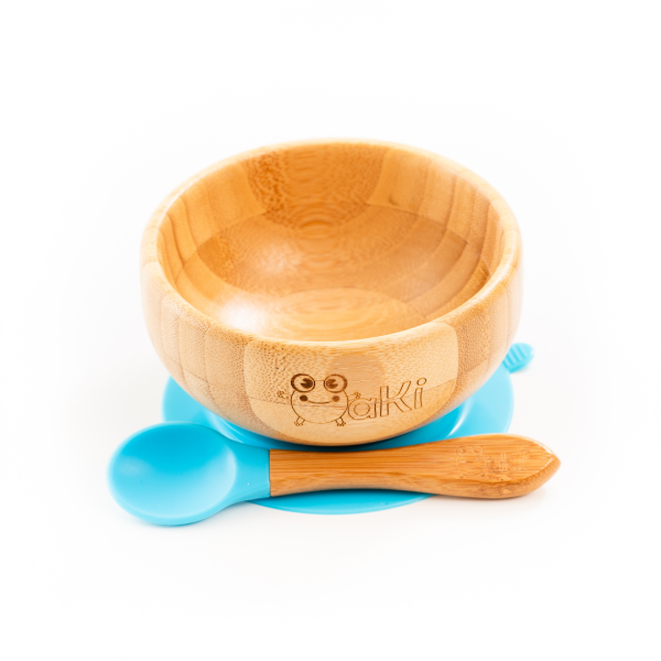 Set diversificare pentru copii - Castron si lingurita din bambus Oaki, albastru