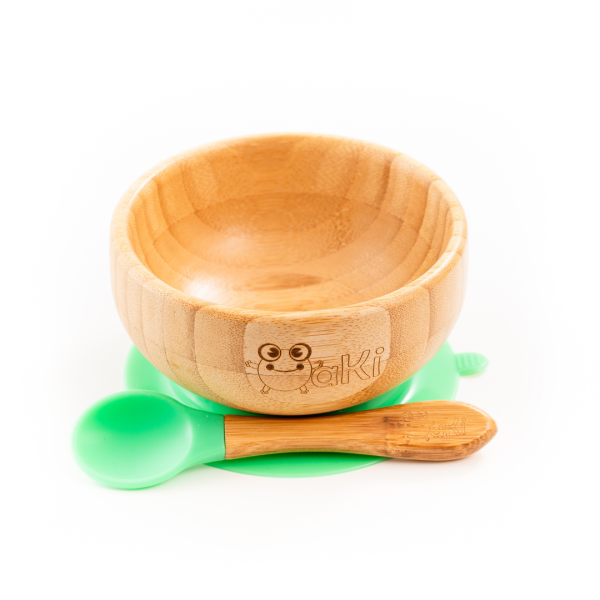 Set diversificare pentru copii - Castron si lingurita din bambus Oaki, verde