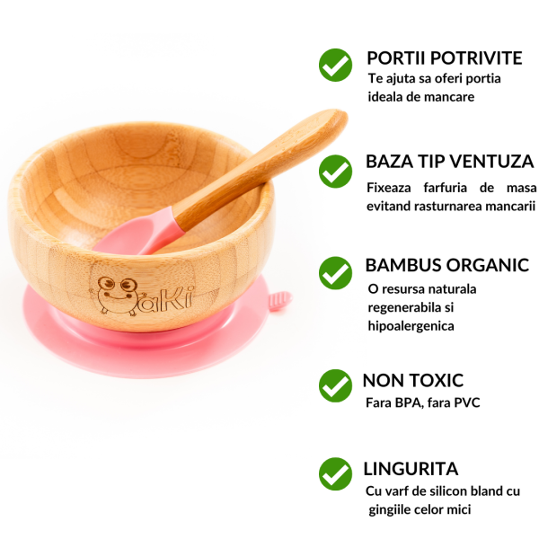 Set diversificare pentru copii - Castron si farfurie fluturas din bambus cu lingurita, cana cu pai si baveta Oaki, roz