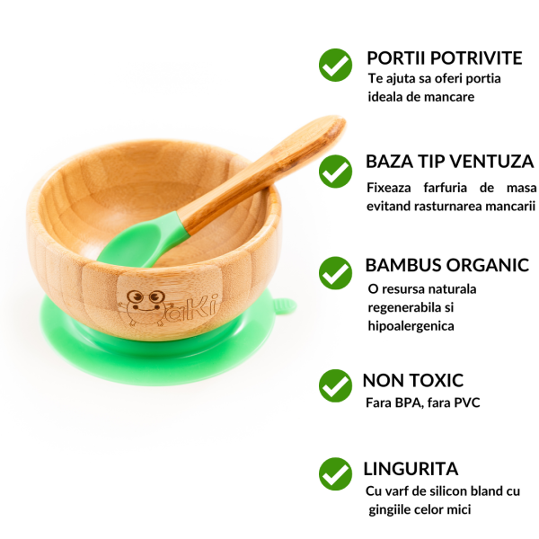 Set diversificare pentru copii - Castron si lingurita din bambus Oaki, verde