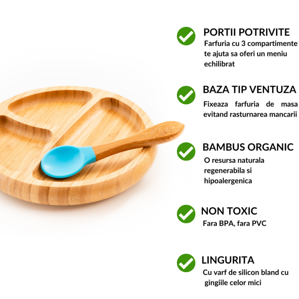 Set diversificare copii - Farfurie si lingurita din bambus Oaki, albastru