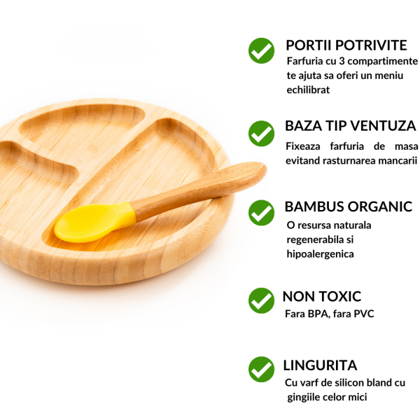 Set diversificare pentru copii - Castron, farfurie si doua lingurite din bambus Oaki, galben