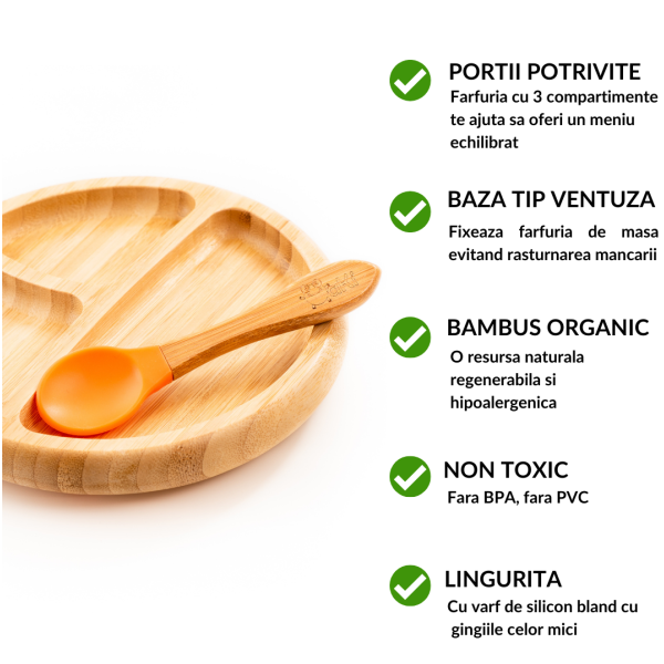 Set diversificare copii - Farfurie si lingurita din bambus Oaki, portocaliu