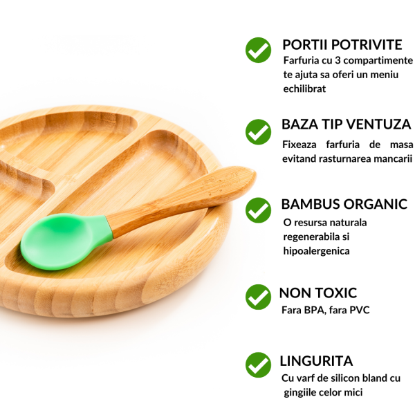 Set diversificare copii - Farfurie si lingurita din bambus Oaki, verde