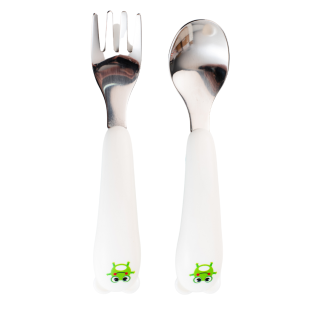 Set de tacamuri pentru copii, lingurita si furculita, alb/roz