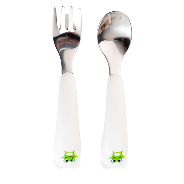 Set de tacamuri pentru copii, lingurita si furculita, alb/roz