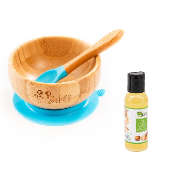 Set diversificare pentru copii – Castron si lingurita din bambus Oaki, albastru si Ulei pentru intretinerea produselor din lemn din bucatarie 50 ml