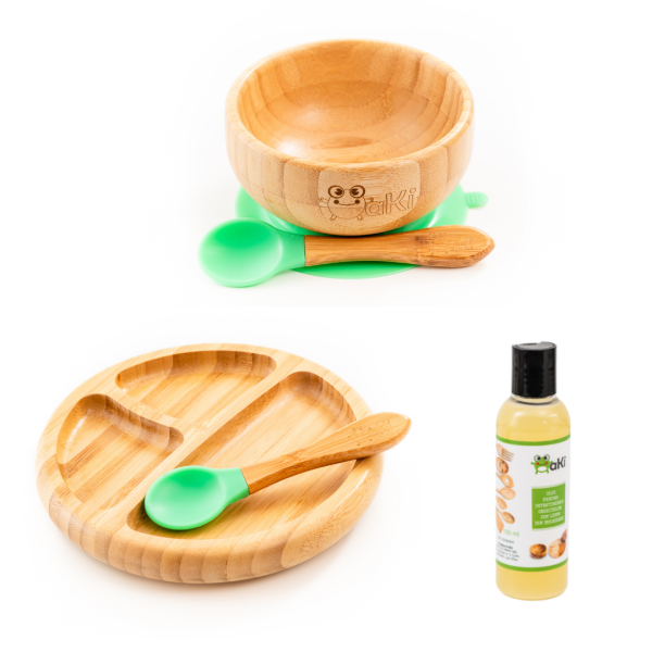Set diversificare pentru copii – Castron, farfurie si doua lingurite din bambus Oaki, verde si Ulei pentru intretinerea produselor din lemn din bucatarie 100ml