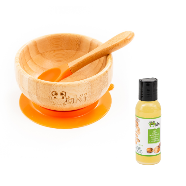 Set diversificare pentru copii – Castron si lingurita din bambus Oaki, portocaliu si Ulei pentru intretinerea produselor din lemn din bucatarie 50 ml