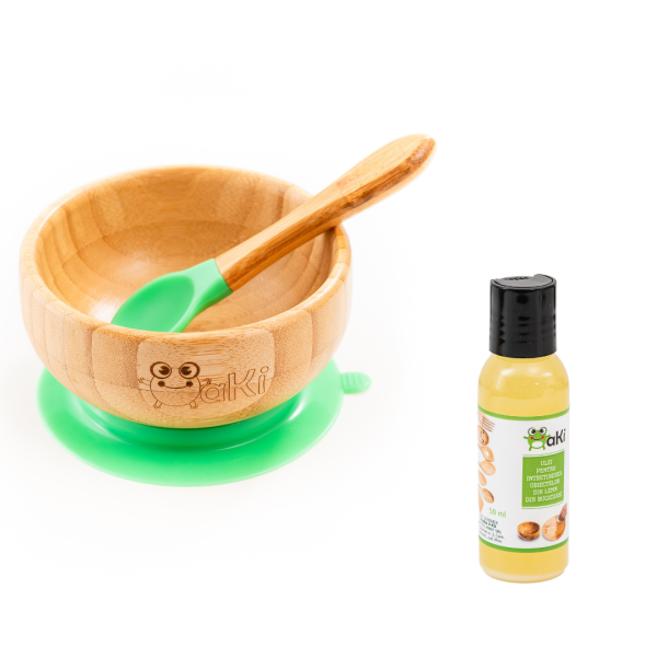 Set diversificare pentru copii – Castron si lingurita din bambus Oaki, verde si Ulei pentru intretinerea produselor din lemn din bucatarie 50 ml