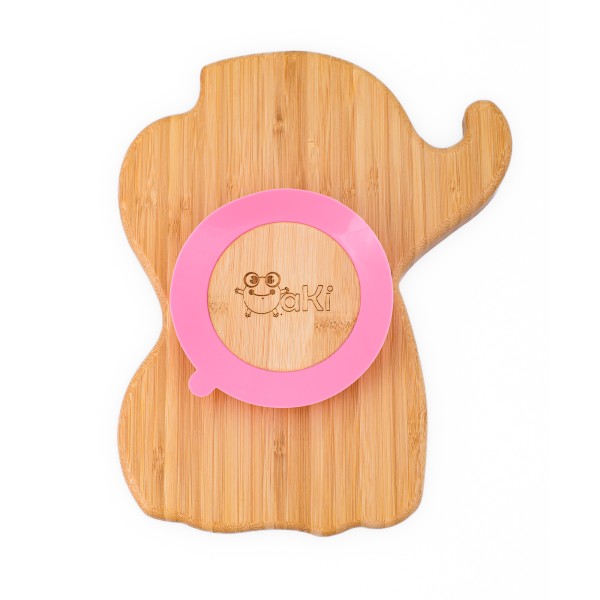 Farfurie elefant din bambus organic cu baza tip ventuza Oaki, roz