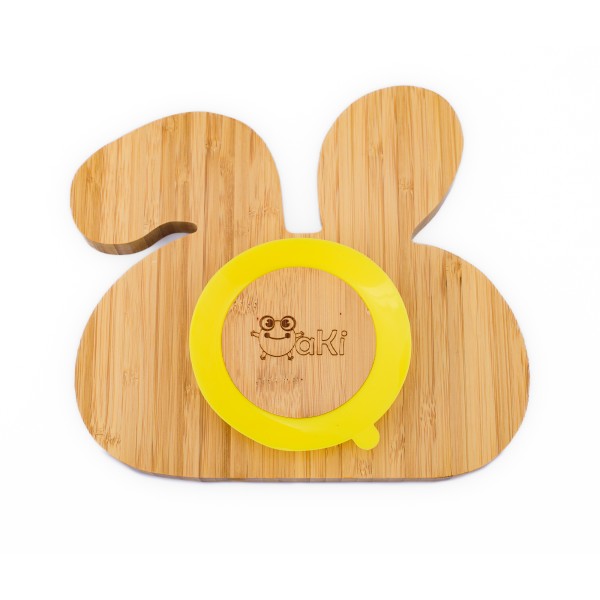 Farfurie iepuras din bambus organic cu baza tip ventuza Oaki, galben