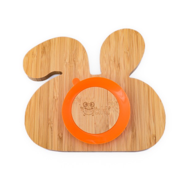 Set diversificare pentru copii - Castron si farfurie iepuras din bambus cu lingurita Oaki, portocaliu