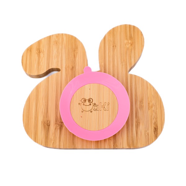 Set diversificare pentru copii - Castron si farfurie iepuras din bambus cu lingurita, pahar si baveta Oaki, roz