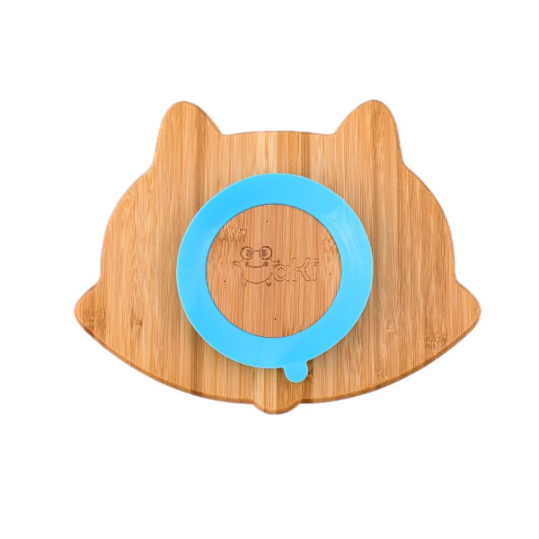 Set diversificare pentru copii - Castron si farfurie vulpita din bambus cu lingurita, cana cu pai si baveta Oaki, albastru