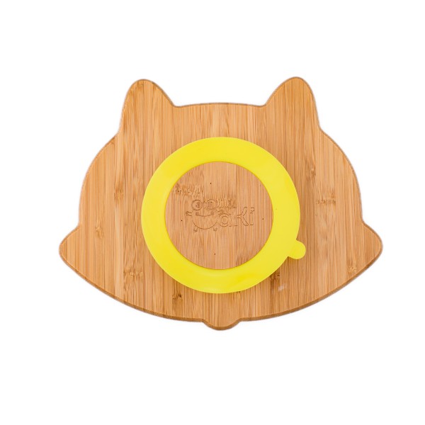 Set diversificare pentru copii - Castron si farfurie vulpita din bambus cu lingurita, pahar si baveta Oaki, galben