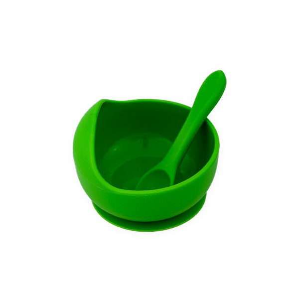 Set diversificare pentru copii - Castron cu ventuza si lingurita din silicon Oaki, verde