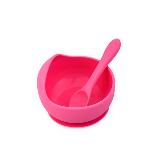 Set diversificare pentru copii - Castron cu ventuza si lingurita din silicon Oaki, roz