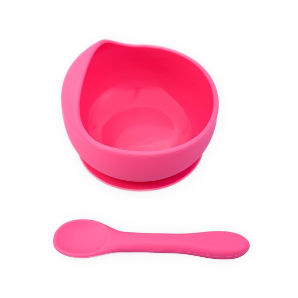 Set diversificare pentru copii - Castron cu ventuza si lingurita din silicon Oaki, roz