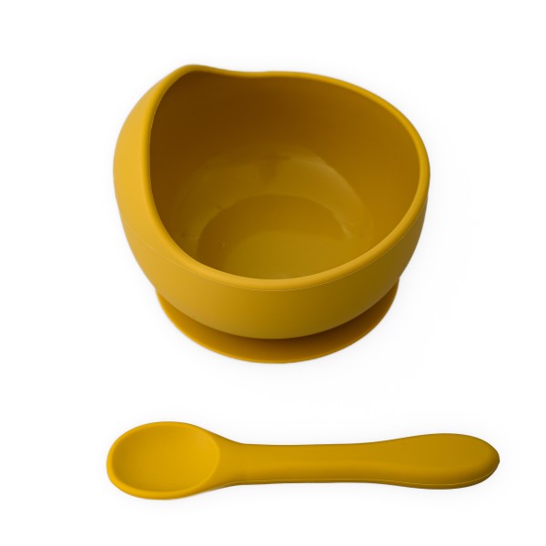Set diversificare pentru copii - Castron cu ventuza si lingurita din silicon Oaki, galben