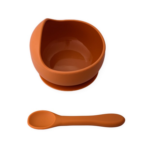 Set diversificare pentru copii - Castron cu ventuza si lingurita din silicon Oaki, portocaliu