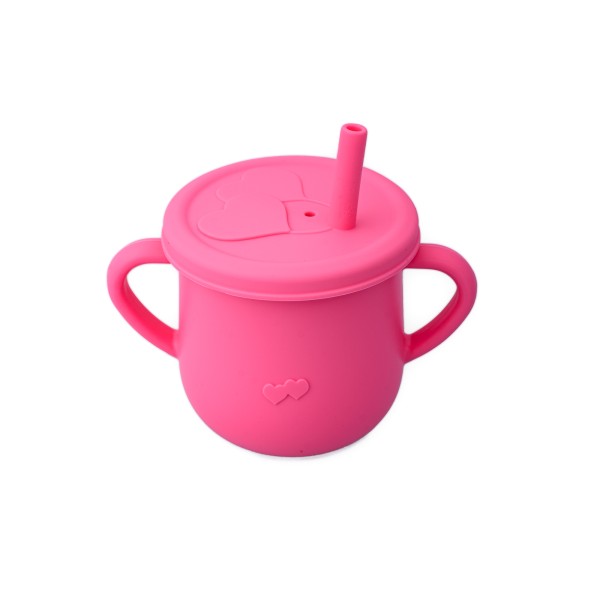 Set diversificare pentru copii - Castron si farfurie fluturas din bambus cu lingurita, cana cu pai si baveta Oaki, roz