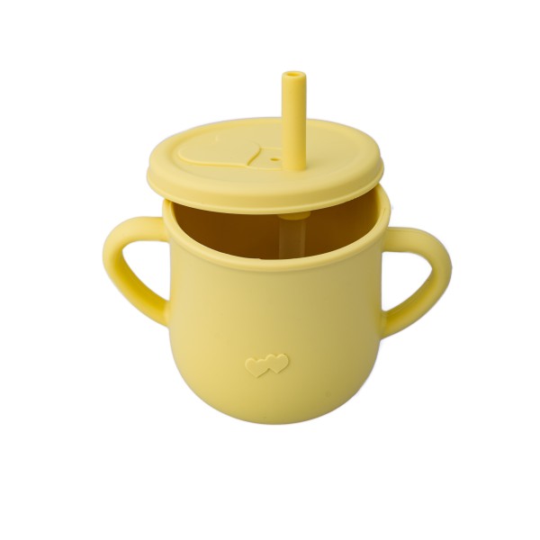 Cana din silicon cu manere si pai pentru copii, 200 ml, galben pal