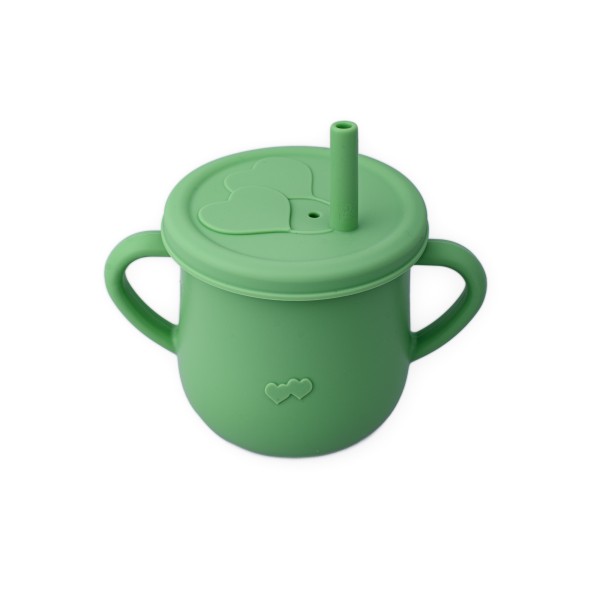 Cana din silicon cu manere si pai pentru copii, 200 ml, verde pal