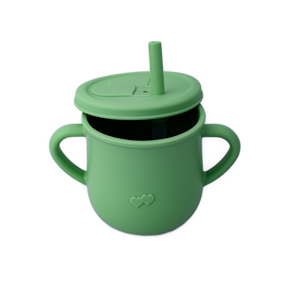 Cana din silicon cu manere si pai pentru copii, 200 ml, verde pal