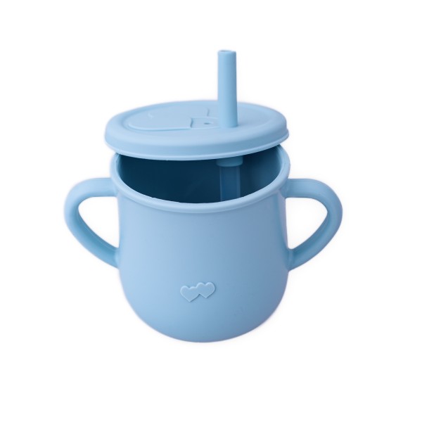 Cana din silicon cu manere si pai pentru copii, 200 ml, bleu