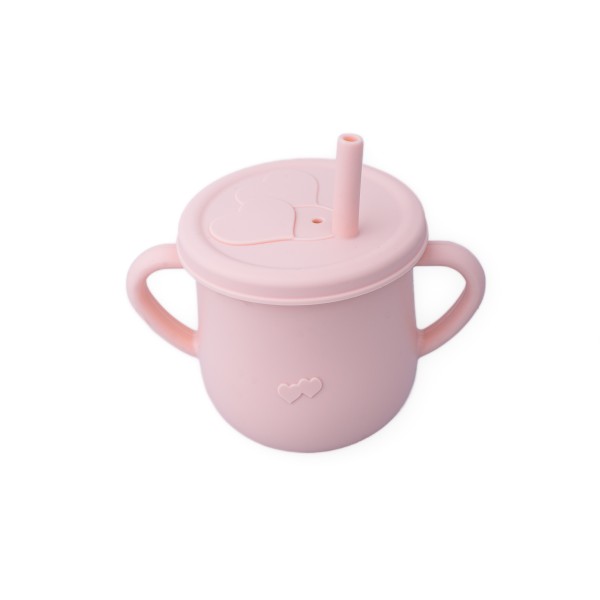 Cana din silicon cu manere si pai pentru copii, 200 ml, roz pal