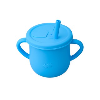 Cana din silicon cu manere si pai pentru copii, 200 ml, albastru
