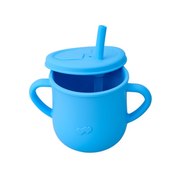 Cana din silicon cu manere si pai pentru copii, 200 ml, albastru